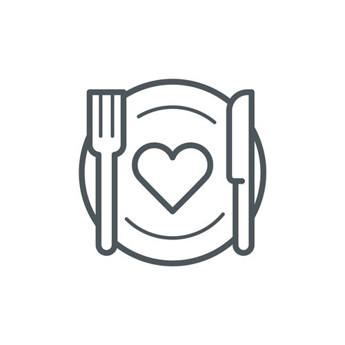line drawing of a dinner plate, fork and knife with a heart