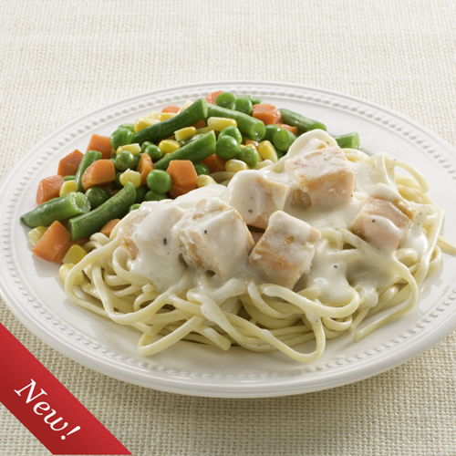 Creamy Salmon Linguine – Linguine and salmon tossed in a creamy Alfredo sauce and served with mixed vegetables.
