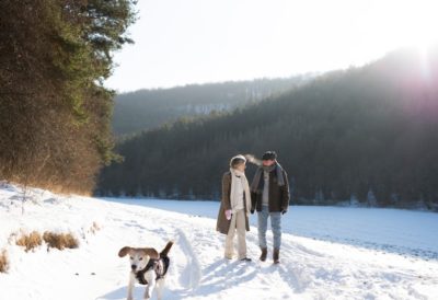 senior couple walking in the snow with their dog