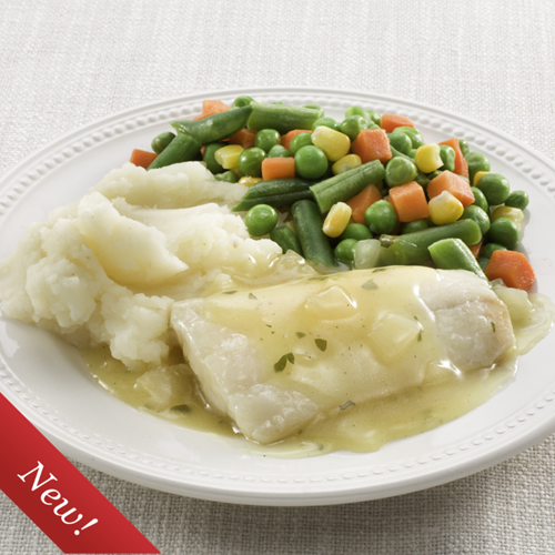 Haddock with Garlic Butter Sauce – A haddock fillet topped with a deliciously rich garlic butter sauce and served with mashed potatoes and a blend of vegetables.