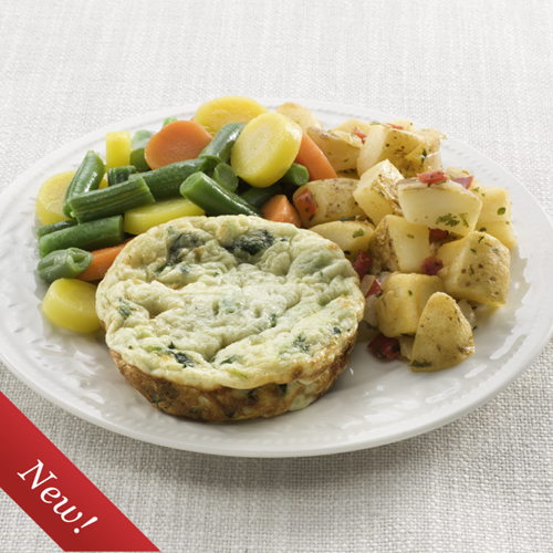 Crustless Vegetable Quiche – This classic vegetable quiche is served with homefries and a mixed of green beans and carrots.